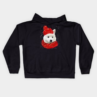 White Husky Wearing Red Hat And Scarf In Snow Christmas Kids Hoodie